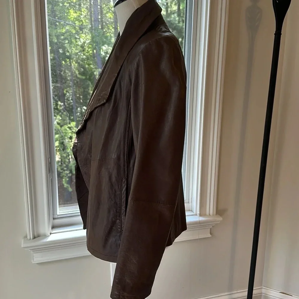 Eileen Fisher Vintage Open Brown Leather Jacket, Size Small, EUC - Picture 6 of 9